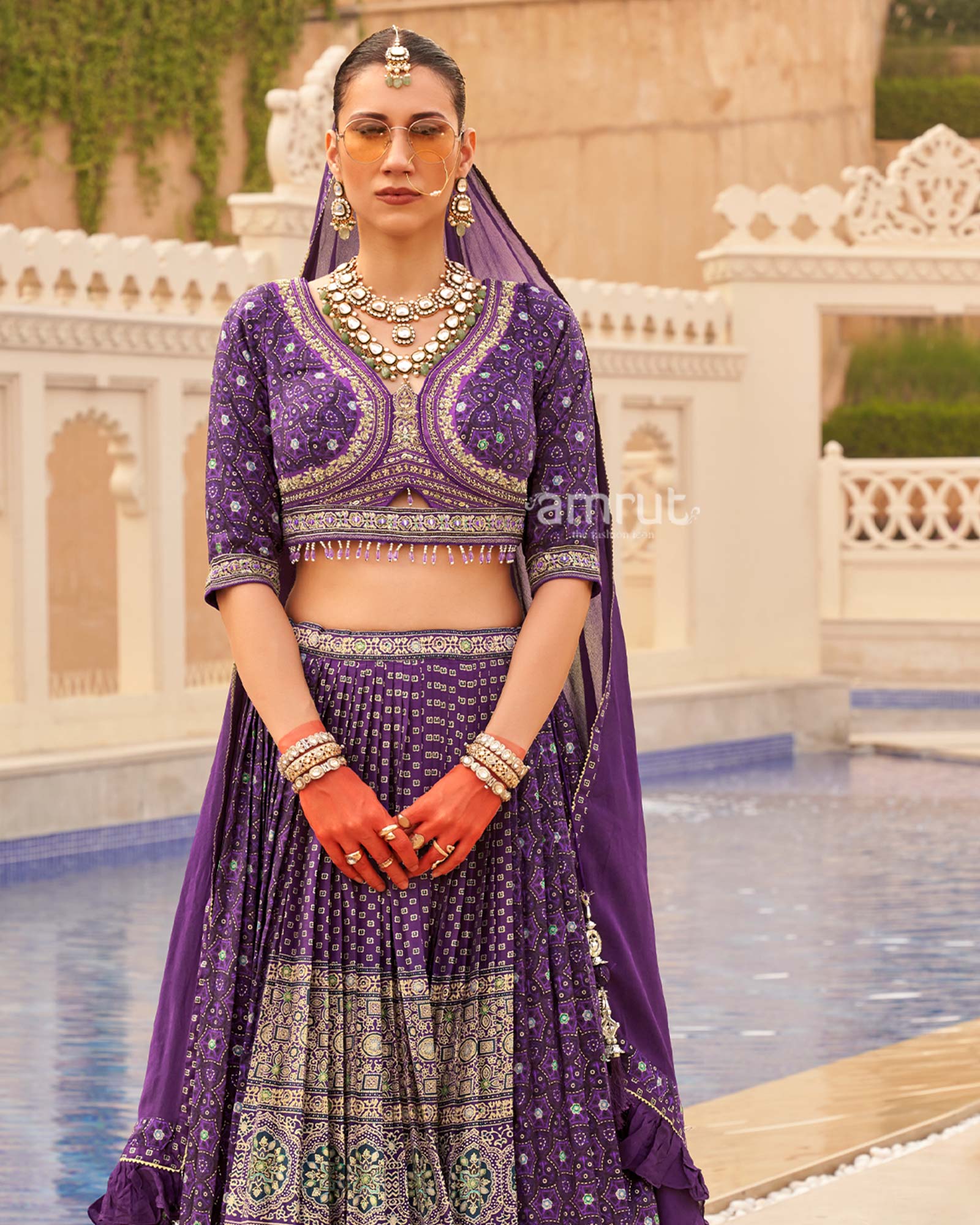 Purple Printed lehenga Set and Men Kurta Set with Coat - Image 6