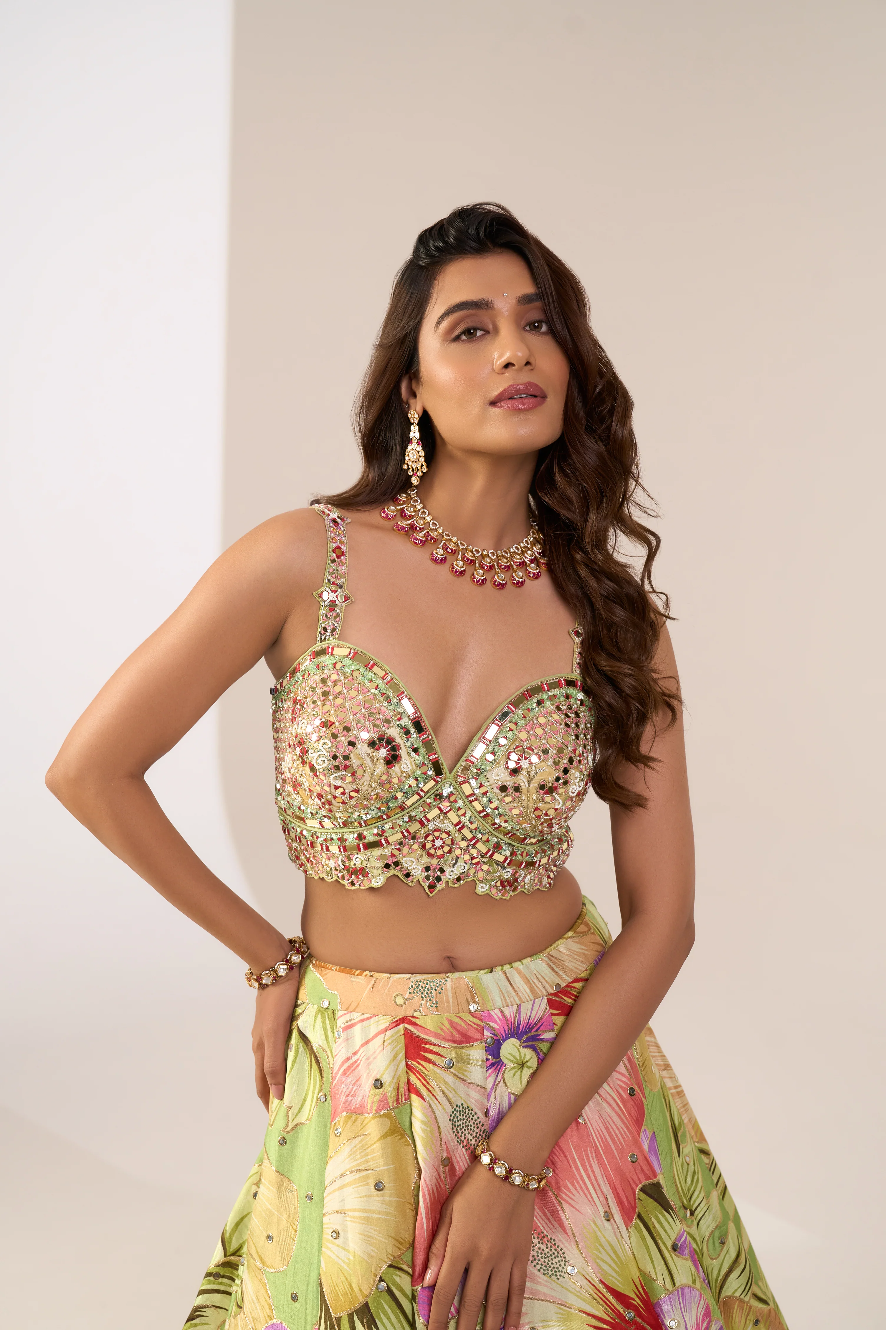 Lime Green Floral Printed Designer Lehenga Set with Heavily Embellished Blouse - Image 3